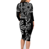 Filipino Sun Tribal Tattoo Family Matching Long Sleeve Bodycon Dress and Hawaiian Shirt Philippines Inspired Barong Simple Black LT9 - Wonder Print Shop