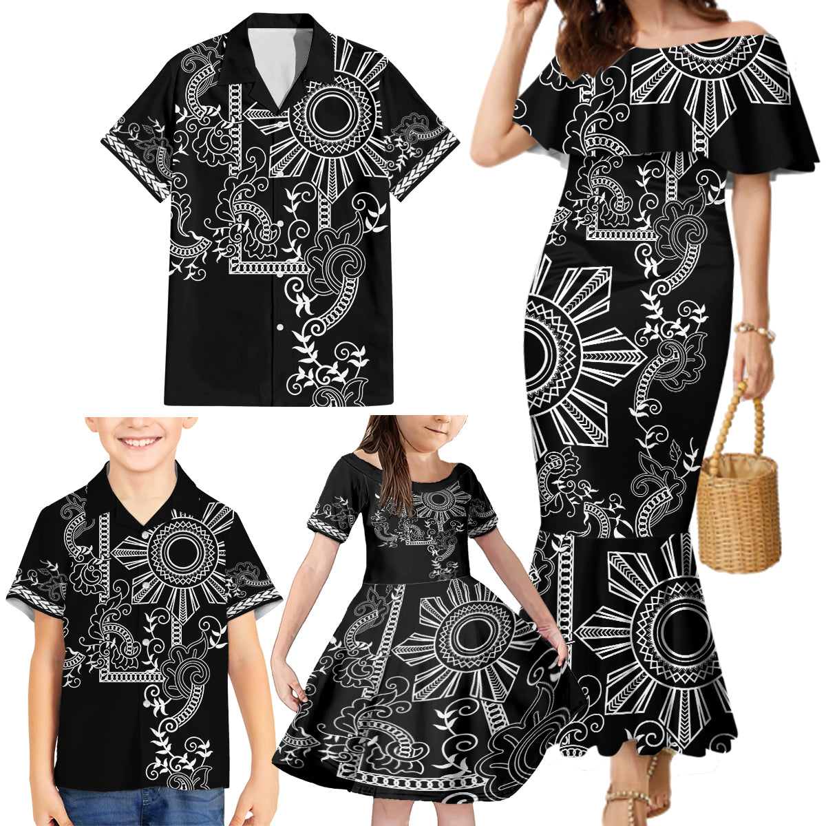 Filipino Sun Tribal Tattoo Family Matching Mermaid Dress and Hawaiian Shirt Philippines Inspired Barong Simple Black LT9 - Wonder Print Shop