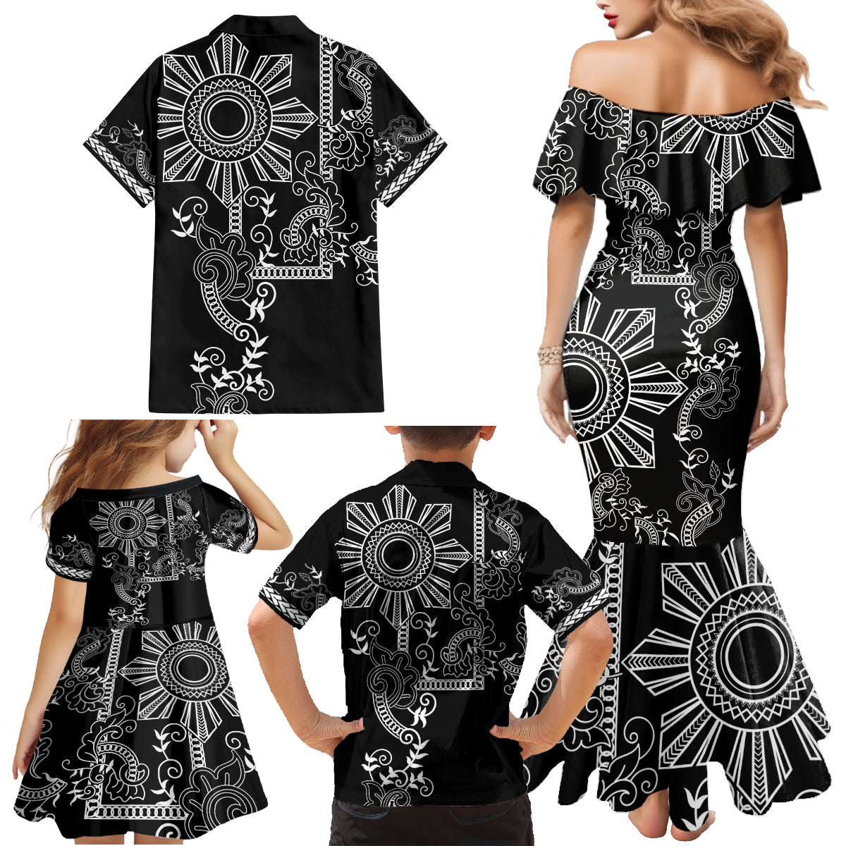 Filipino Sun Tribal Tattoo Family Matching Mermaid Dress and Hawaiian Shirt Philippines Inspired Barong Simple Black LT9 - Wonder Print Shop