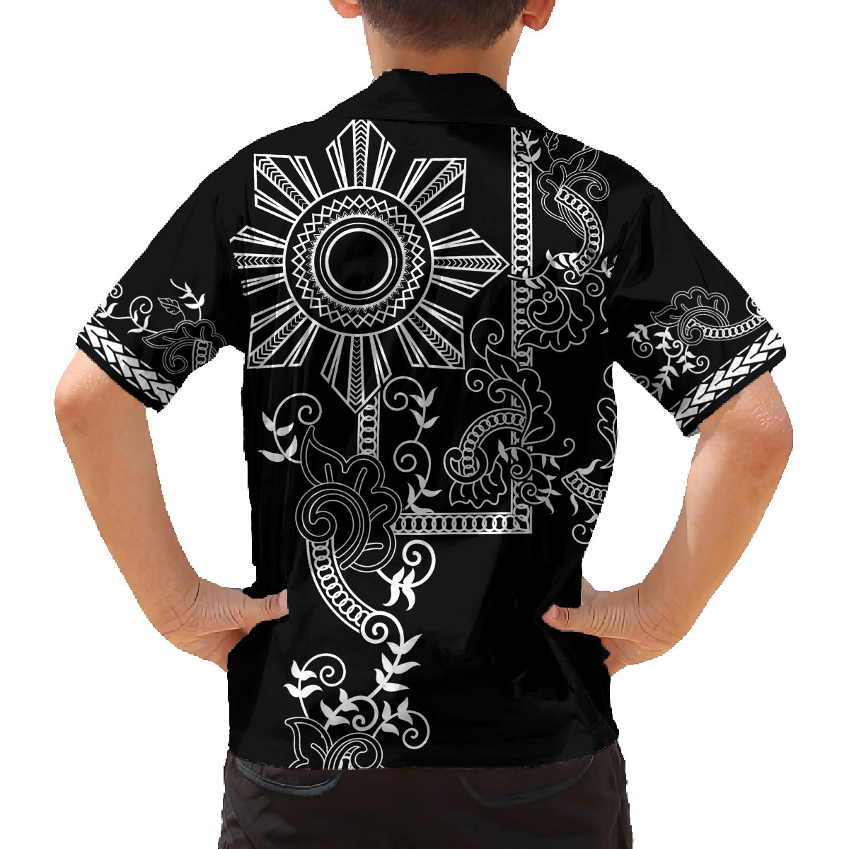 Filipino Sun Tribal Tattoo Family Matching Off The Shoulder Long Sleeve Dress and Hawaiian Shirt Philippines Inspired Barong Simple Black - Wonder Print Shop