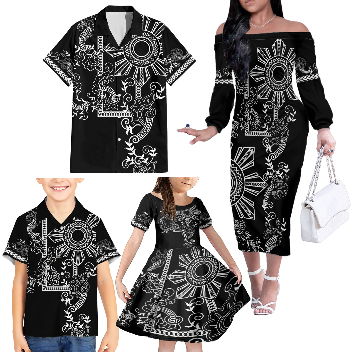 Filipino Sun Tribal Tattoo Family Matching Off The Shoulder Long Sleeve Dress and Hawaiian Shirt Philippines Inspired Barong Simple Black - Wonder Print Shop