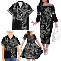 Filipino Sun Tribal Tattoo Family Matching Off The Shoulder Long Sleeve Dress and Hawaiian Shirt Philippines Inspired Barong Simple Black - Wonder Print Shop