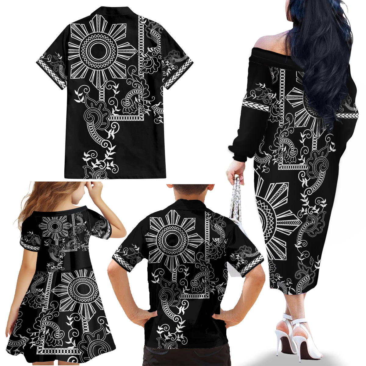 Filipino Sun Tribal Tattoo Family Matching Off The Shoulder Long Sleeve Dress and Hawaiian Shirt Philippines Inspired Barong Simple Black - Wonder Print Shop