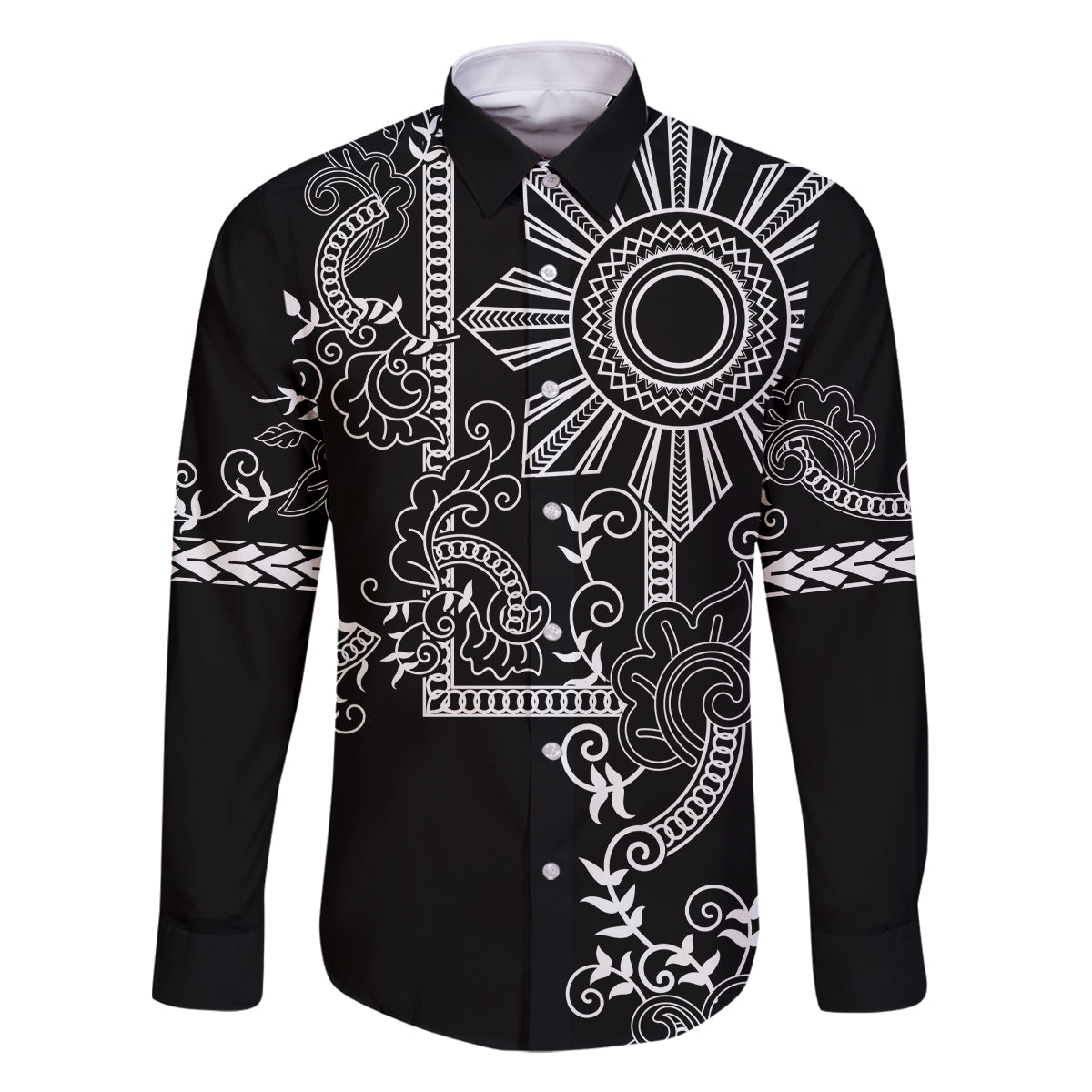 Filipino Sun Tribal Tattoo Family Matching Off The Shoulder Long Sleeve Dress and Hawaiian Shirt Philippines Inspired Barong Simple Black - Wonder Print Shop