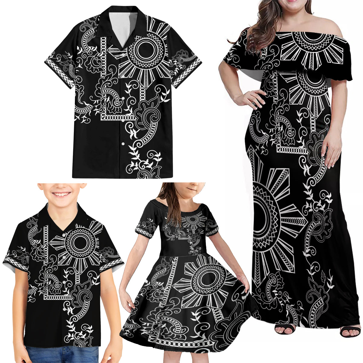 Filipino Sun Tribal Tattoo Family Matching Off Shoulder Maxi Dress and Hawaiian Shirt Philippines Inspired Barong Simple Black LT9 - Wonder Print Shop