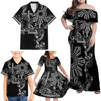 Filipino Sun Tribal Tattoo Family Matching Off Shoulder Maxi Dress and Hawaiian Shirt Philippines Inspired Barong Simple Black LT9 - Wonder Print Shop