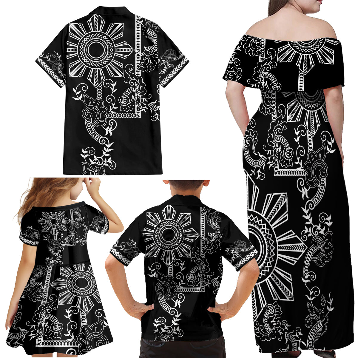 Filipino Sun Tribal Tattoo Family Matching Off Shoulder Maxi Dress and Hawaiian Shirt Philippines Inspired Barong Simple Black LT9 - Wonder Print Shop