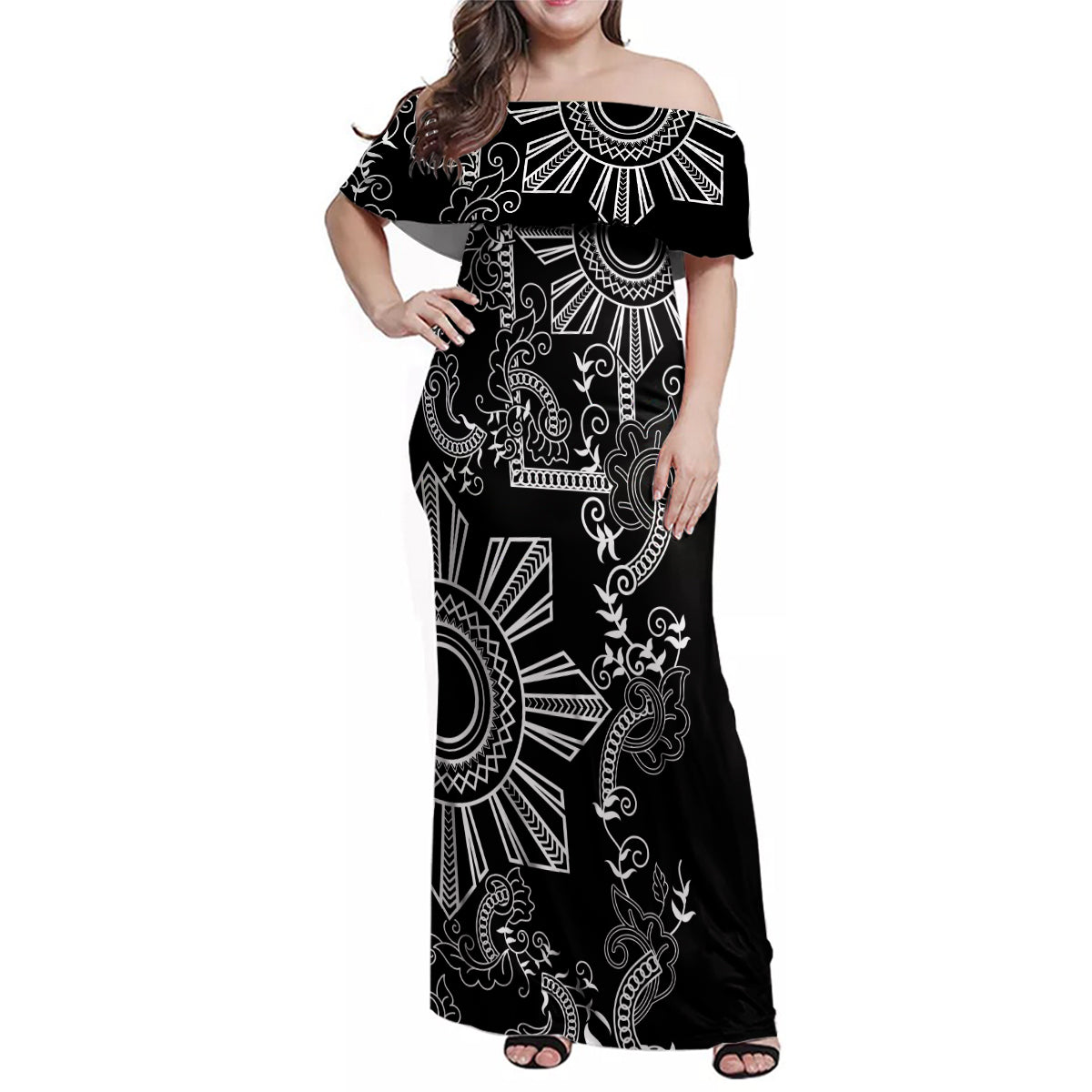 Filipino Sun Tribal Tattoo Family Matching Off Shoulder Maxi Dress and Hawaiian Shirt Philippines Inspired Barong Simple Black LT9 - Wonder Print Shop