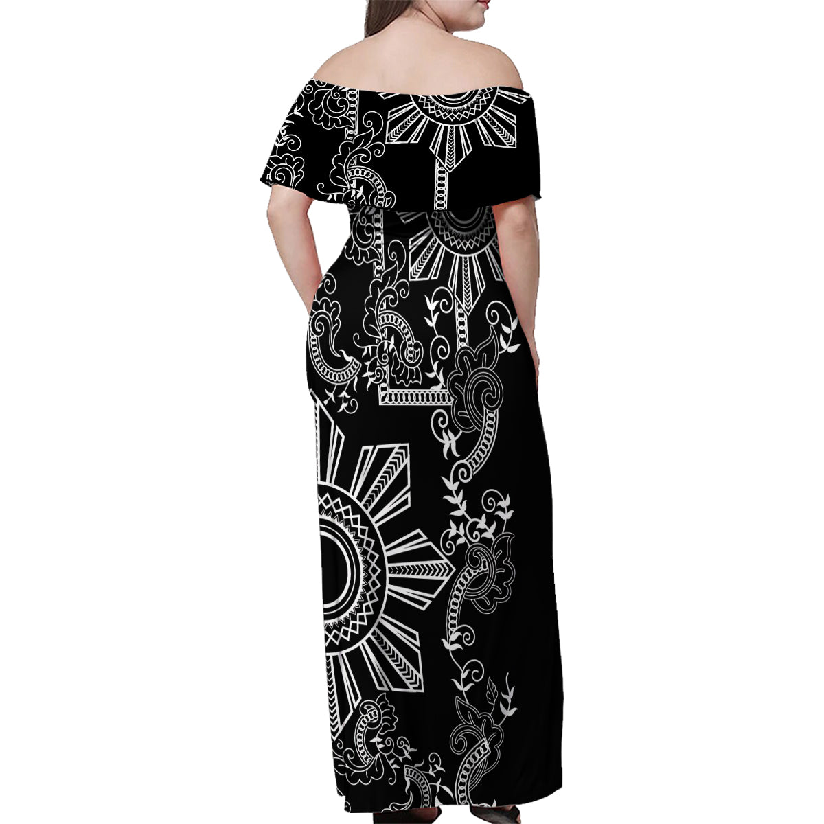 Filipino Sun Tribal Tattoo Family Matching Off Shoulder Maxi Dress and Hawaiian Shirt Philippines Inspired Barong Simple Black LT9 - Wonder Print Shop