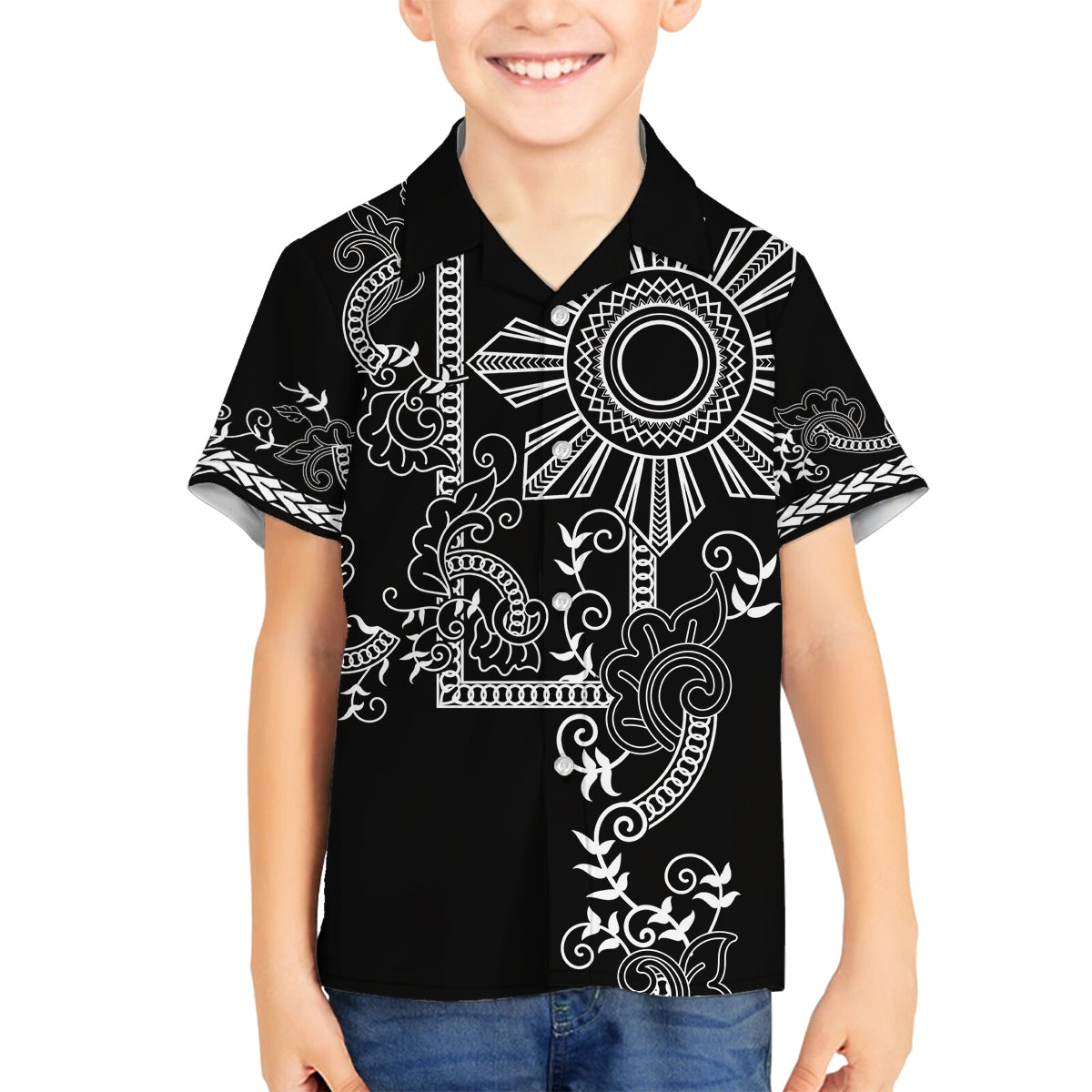 Filipino Sun Tribal Tattoo Family Matching Off Shoulder Maxi Dress and Hawaiian Shirt Philippines Inspired Barong Simple Black LT9 - Wonder Print Shop