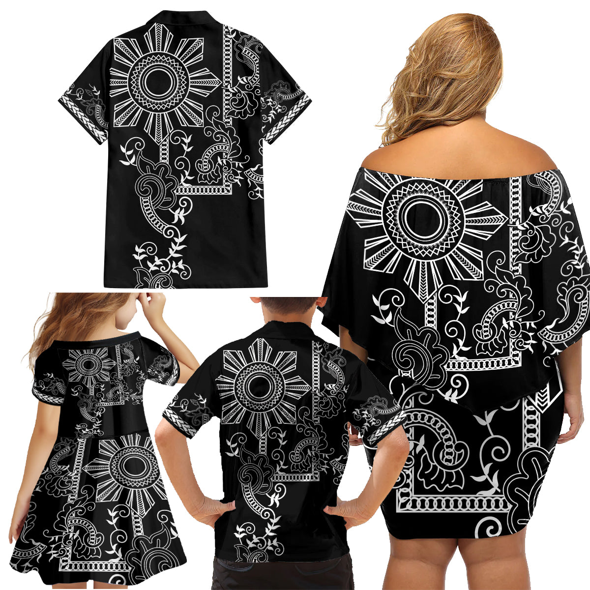 Filipino Sun Tribal Tattoo Family Matching Off Shoulder Short Dress and Hawaiian Shirt Philippines Inspired Barong Simple Black LT9 - Wonder Print Shop