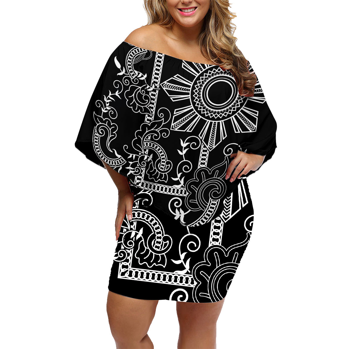 Filipino Sun Tribal Tattoo Family Matching Off Shoulder Short Dress and Hawaiian Shirt Philippines Inspired Barong Simple Black LT9 - Wonder Print Shop