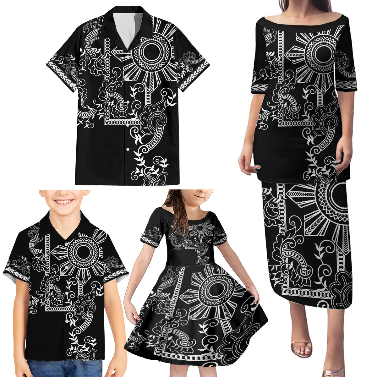 Filipino Sun Tribal Tattoo Family Matching Puletasi and Hawaiian Shirt Philippines Inspired Barong Simple Black - Wonder Print Shop