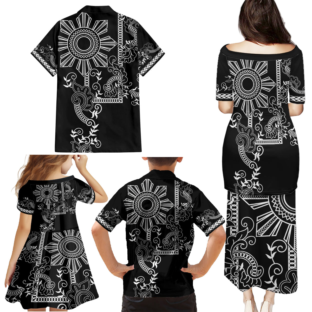 Filipino Sun Tribal Tattoo Family Matching Puletasi and Hawaiian Shirt Philippines Inspired Barong Simple Black - Wonder Print Shop