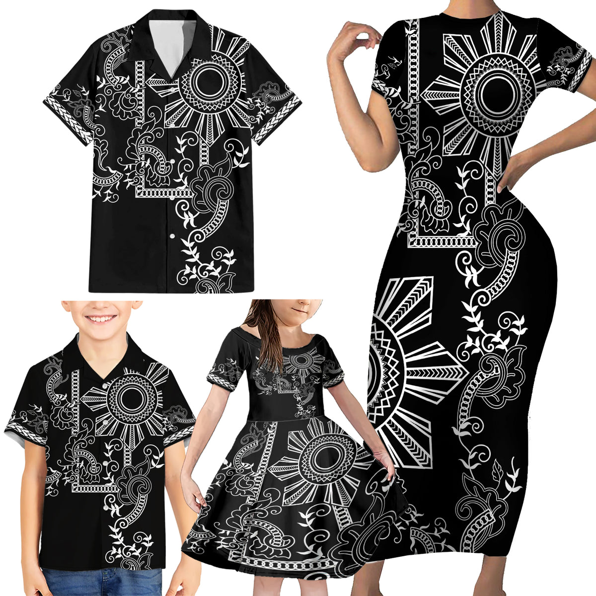 Filipino Sun Tribal Tattoo Family Matching Short Sleeve Bodycon Dress and Hawaiian Shirt Philippines Inspired Barong Simple Black - Wonder Print Shop