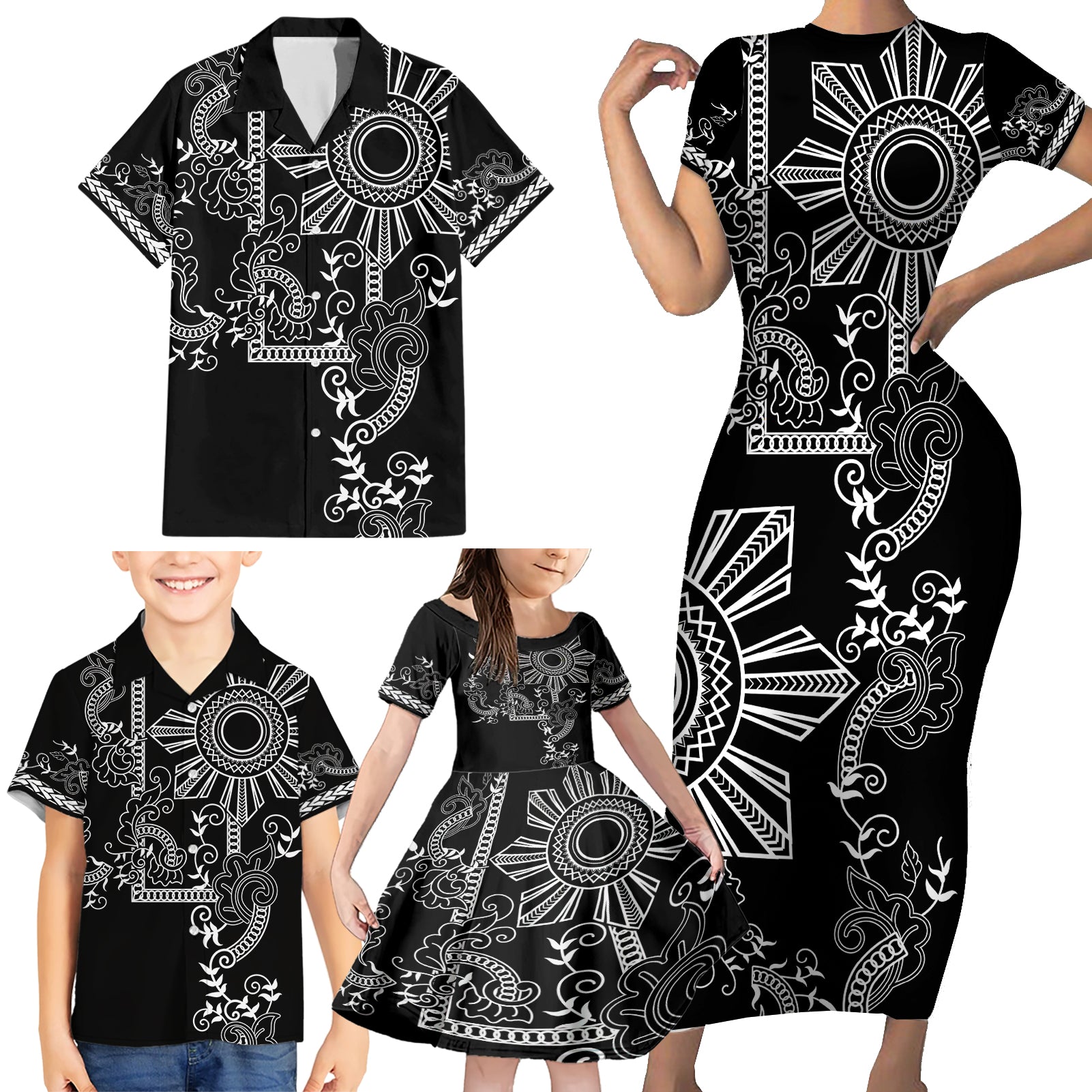 Filipino Sun Tribal Tattoo Family Matching Short Sleeve Bodycon Dress and Hawaiian Shirt Philippines Inspired Barong Simple Black - Wonder Print Shop