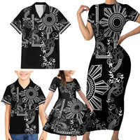 Filipino Sun Tribal Tattoo Family Matching Short Sleeve Bodycon Dress and Hawaiian Shirt Philippines Inspired Barong Simple Black - Wonder Print Shop