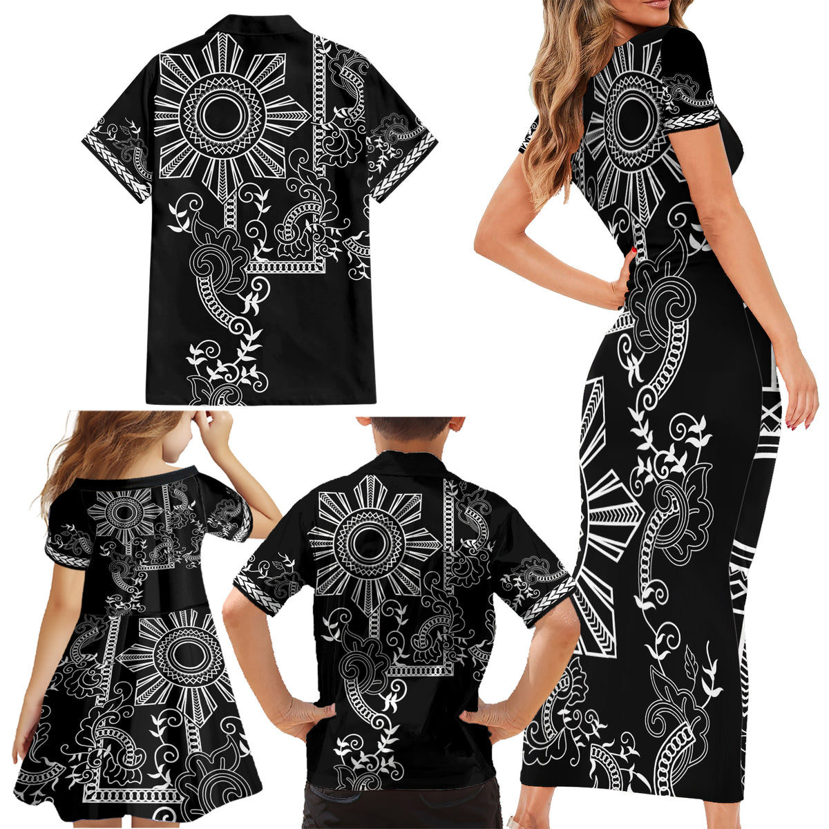 Filipino Sun Tribal Tattoo Family Matching Short Sleeve Bodycon Dress and Hawaiian Shirt Philippines Inspired Barong Simple Black - Wonder Print Shop