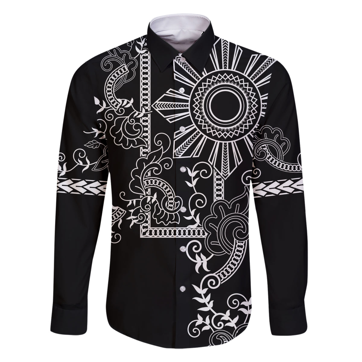 Filipino Sun Tribal Tattoo Family Matching Short Sleeve Bodycon Dress and Hawaiian Shirt Philippines Inspired Barong Simple Black - Wonder Print Shop