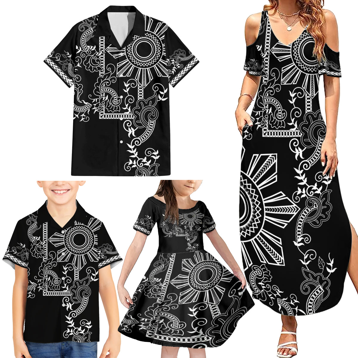 Filipino Sun Tribal Tattoo Family Matching Summer Maxi Dress and Hawaiian Shirt Philippines Inspired Barong Simple Black - Wonder Print Shop