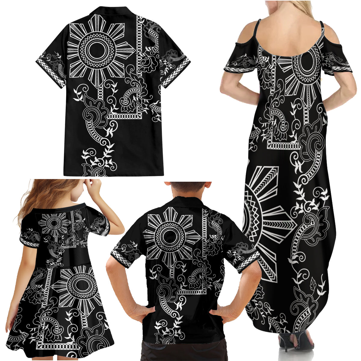 Filipino Sun Tribal Tattoo Family Matching Summer Maxi Dress and Hawaiian Shirt Philippines Inspired Barong Simple Black - Wonder Print Shop