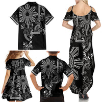 Filipino Sun Tribal Tattoo Family Matching Summer Maxi Dress and Hawaiian Shirt Philippines Inspired Barong Simple Black - Wonder Print Shop