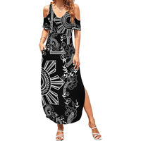 Filipino Sun Tribal Tattoo Family Matching Summer Maxi Dress and Hawaiian Shirt Philippines Inspired Barong Simple Black - Wonder Print Shop