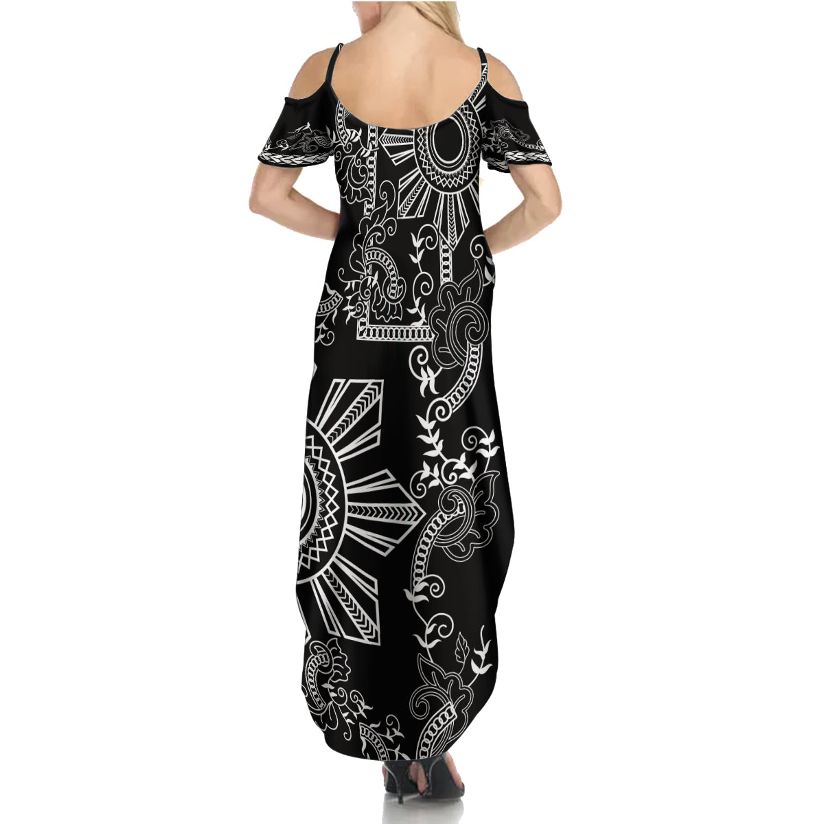 Filipino Sun Tribal Tattoo Family Matching Summer Maxi Dress and Hawaiian Shirt Philippines Inspired Barong Simple Black - Wonder Print Shop