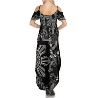 Filipino Sun Tribal Tattoo Family Matching Summer Maxi Dress and Hawaiian Shirt Philippines Inspired Barong Simple Black - Wonder Print Shop