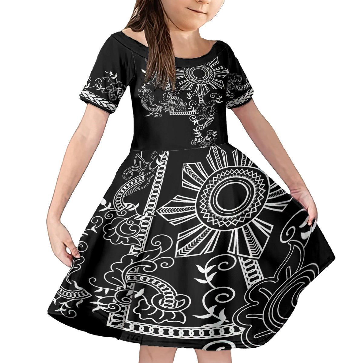 Filipino Sun Tribal Tattoo Family Matching Tank Maxi Dress and Hawaiian Shirt Philippines Inspired Barong Simple Black - Wonder Print Shop