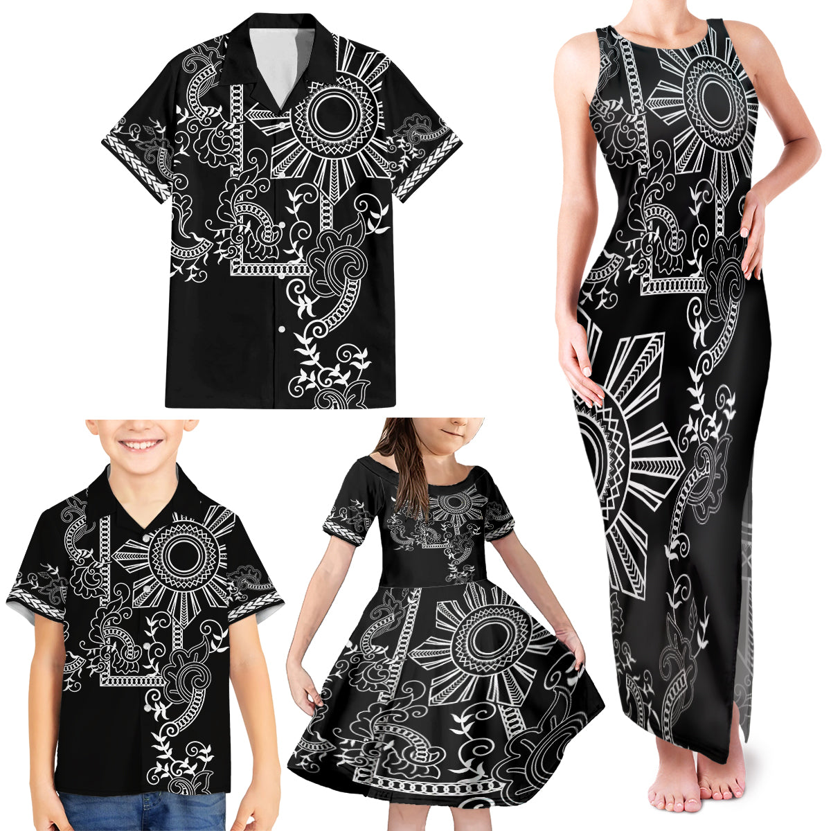 Filipino Sun Tribal Tattoo Family Matching Tank Maxi Dress and Hawaiian Shirt Philippines Inspired Barong Simple Black - Wonder Print Shop