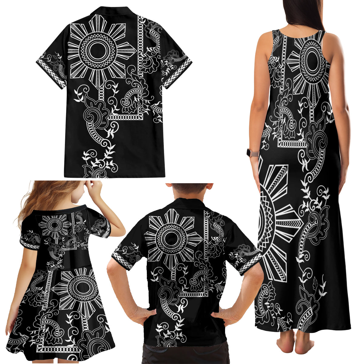 Filipino Sun Tribal Tattoo Family Matching Tank Maxi Dress and Hawaiian Shirt Philippines Inspired Barong Simple Black - Wonder Print Shop