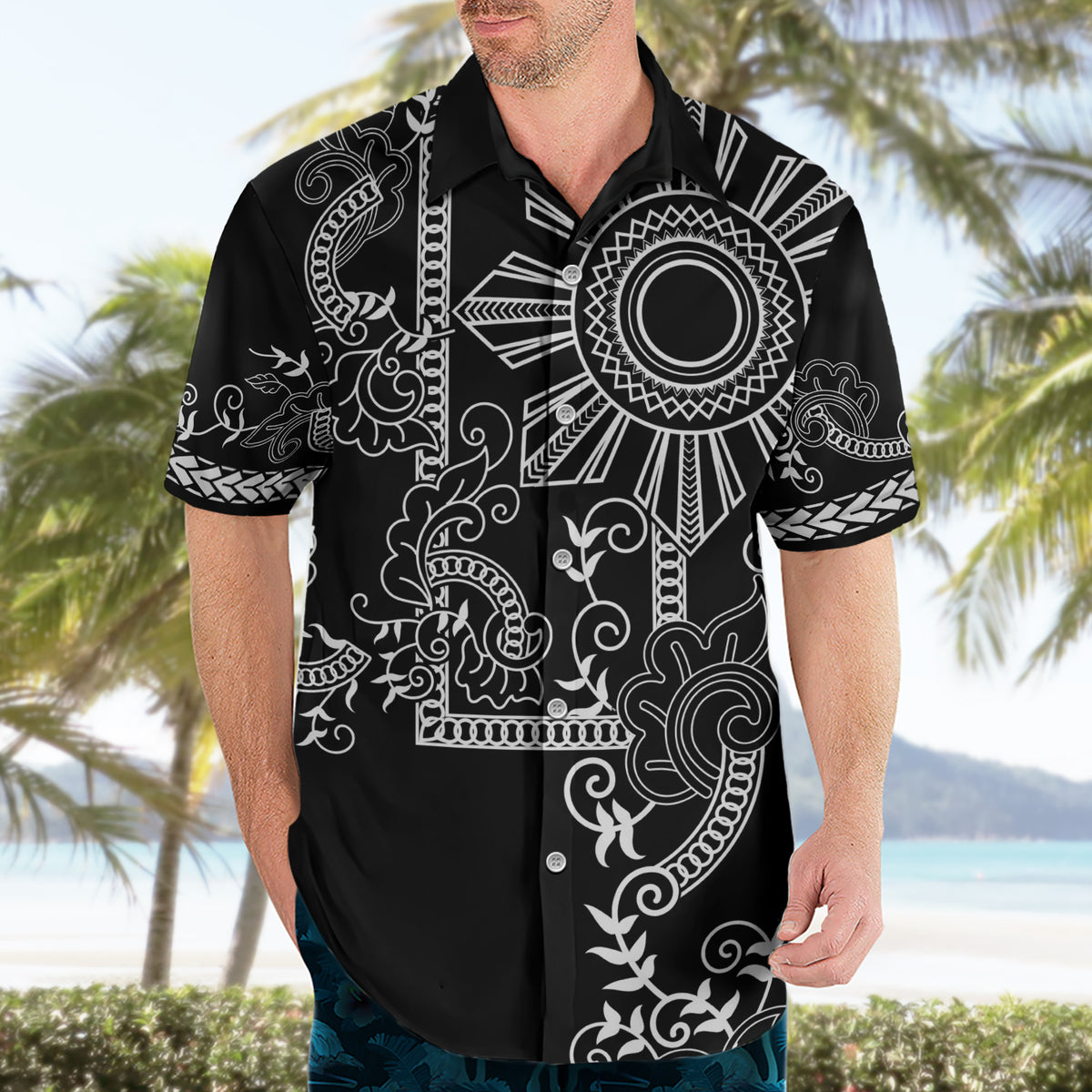 Filipino Sun Tribal Tattoo Hawaiian Shirt Philippines Inspired Barong Simple Black - Wonder Print Shop
