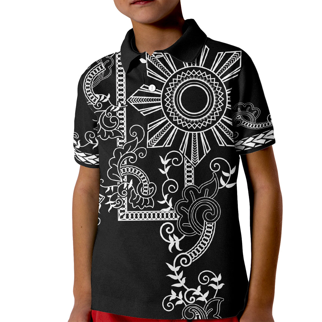 Filipino Sun Tribal Tattoo Kid Polo Shirt Philippines Inspired Barong Simple Black - Wonder Print Shop