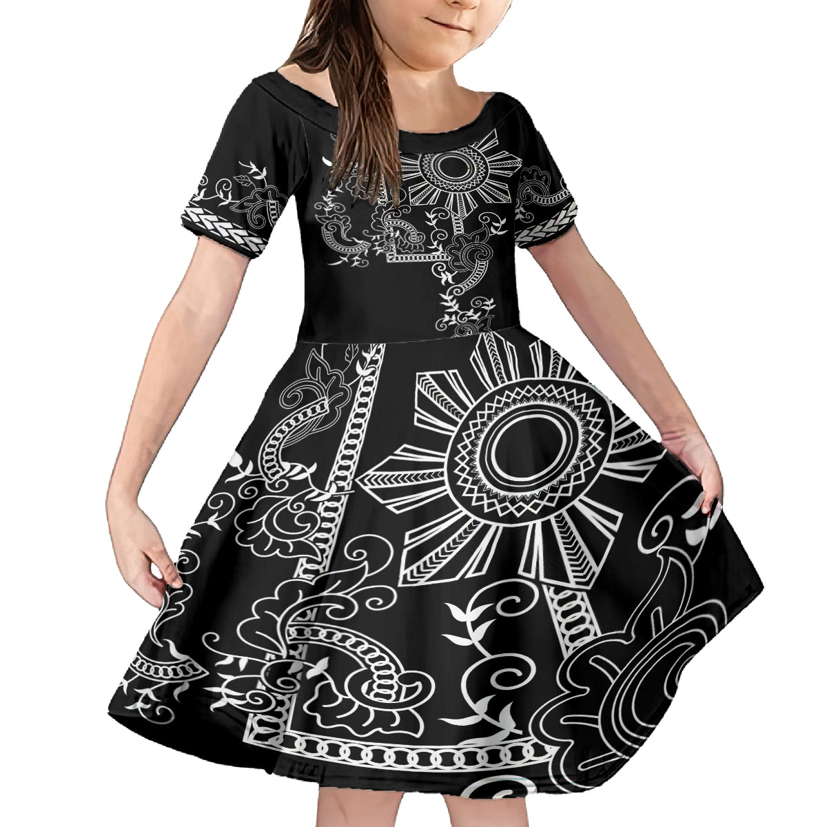 Filipino Sun Tribal Tattoo Kid Short Sleeve Dress Philippines Inspired Barong Simple Black - Wonder Print Shop