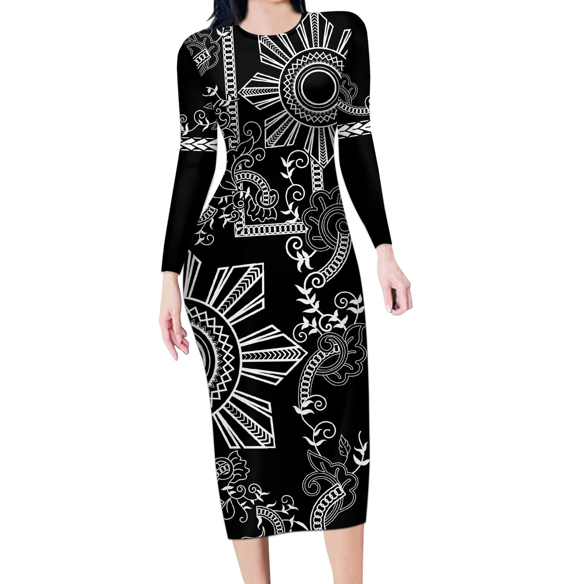 Filipino Sun Tribal Tattoo Long Sleeve Bodycon Dress Philippines Inspired Barong Simple Black - Wonder Print Shop