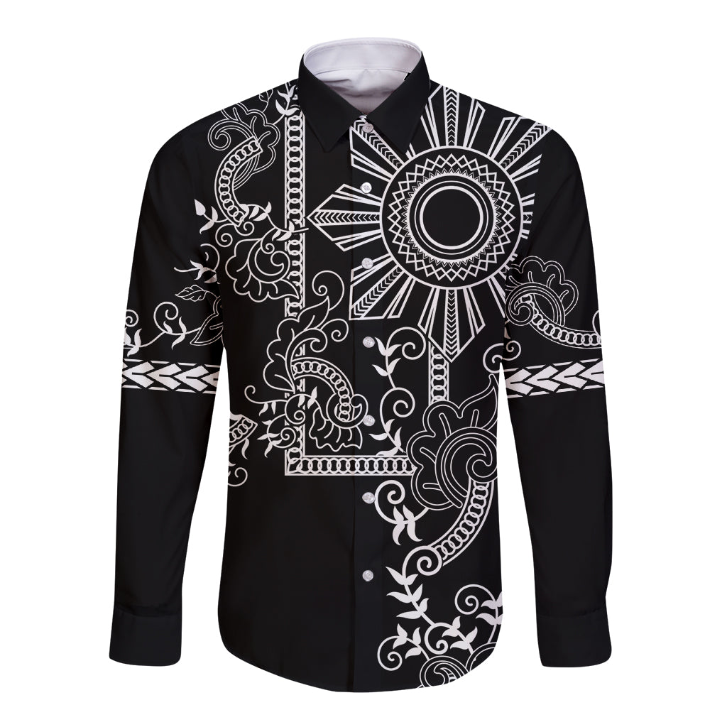 Filipino Sun Tribal Tattoo Long Sleeve Button Shirt Philippines Inspired Barong Simple Black - Wonder Print Shop