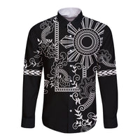 Filipino Sun Tribal Tattoo Long Sleeve Button Shirt Philippines Inspired Barong Simple Black - Wonder Print Shop