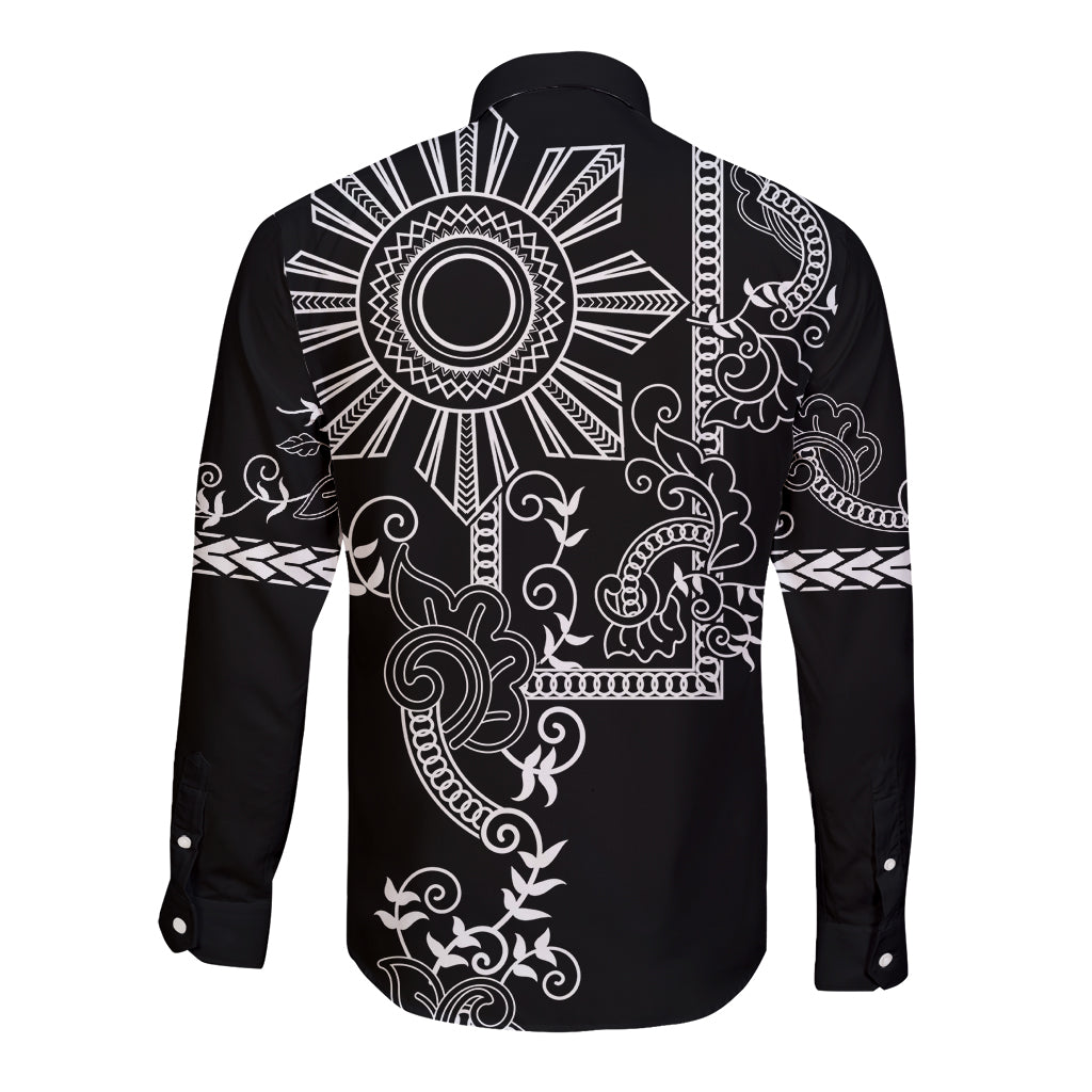 Filipino Sun Tribal Tattoo Long Sleeve Button Shirt Philippines Inspired Barong Simple Black - Wonder Print Shop