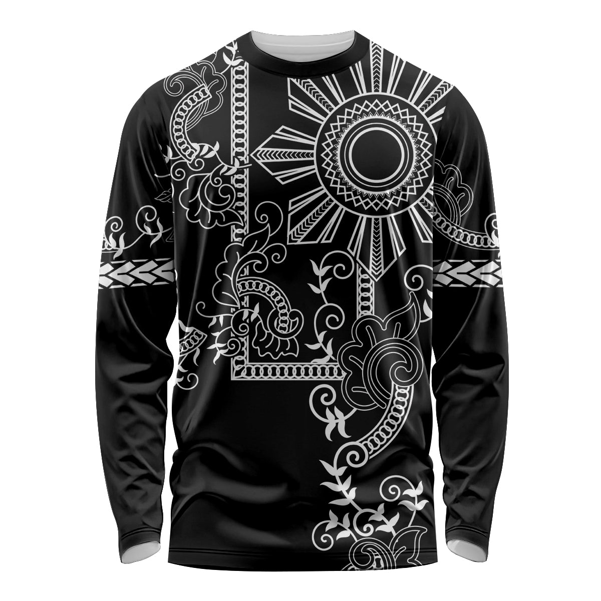 Filipino Sun Tribal Tattoo Long Sleeve Shirt Philippines Inspired Barong Simple Black - Wonder Print Shop