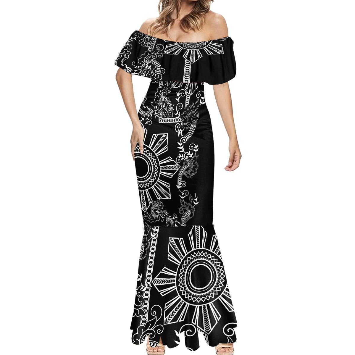 Filipino Sun Tribal Tattoo Mermaid Dress Philippines Inspired Barong Simple Black - Wonder Print Shop