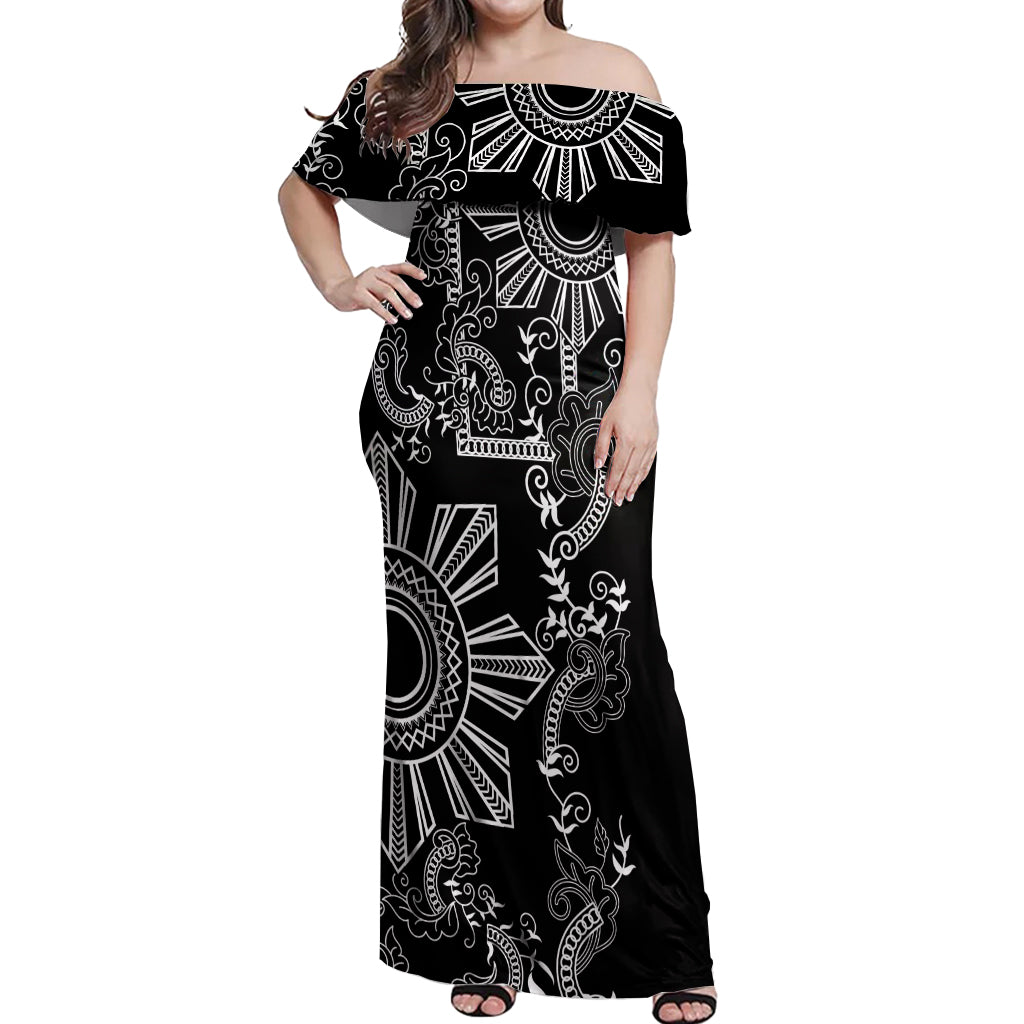 Filipino Sun Tribal Tattoo Off Shoulder Maxi Dress Philippines Inspired Barong Simple Black - Wonder Print Shop