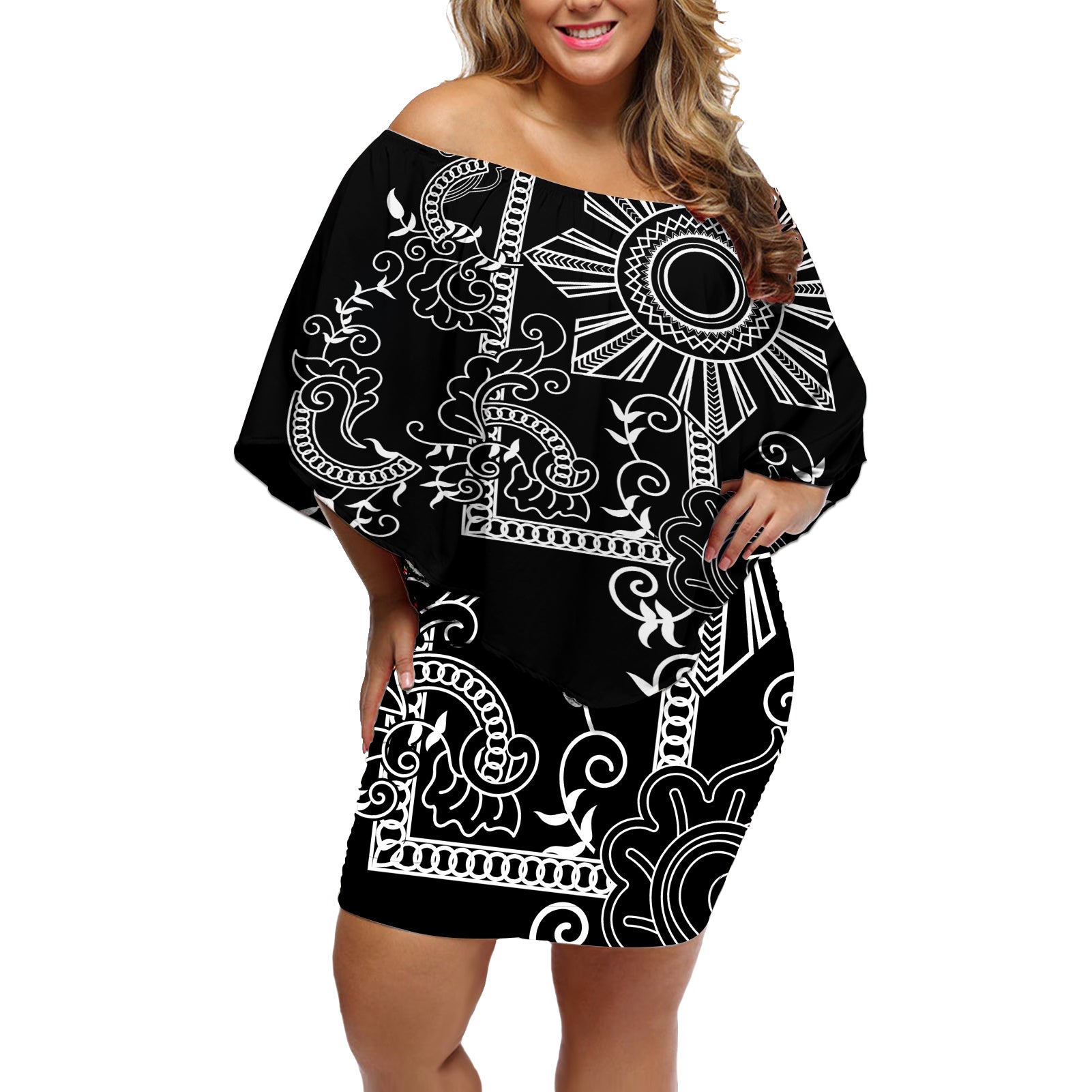 Filipino Sun Tribal Tattoo Off Shoulder Short Dress Philippines Inspired Barong Simple Black - Wonder Print Shop
