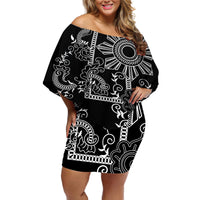 Filipino Sun Tribal Tattoo Off Shoulder Short Dress Philippines Inspired Barong Simple Black - Wonder Print Shop