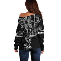 Filipino Sun Tribal Tattoo Off Shoulder Sweater Philippines Inspired Barong Simple Black - Wonder Print Shop