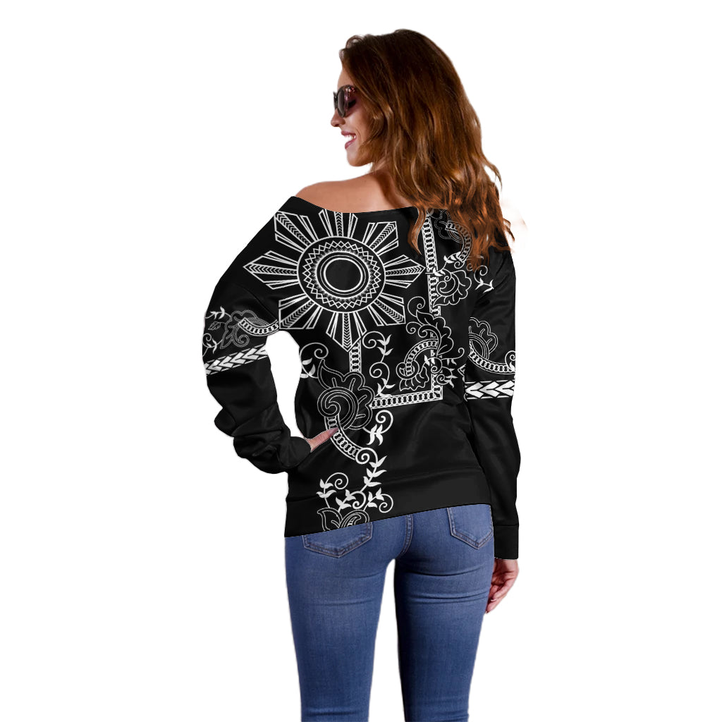 Filipino Sun Tribal Tattoo Off Shoulder Sweater Philippines Inspired Barong Simple Black - Wonder Print Shop