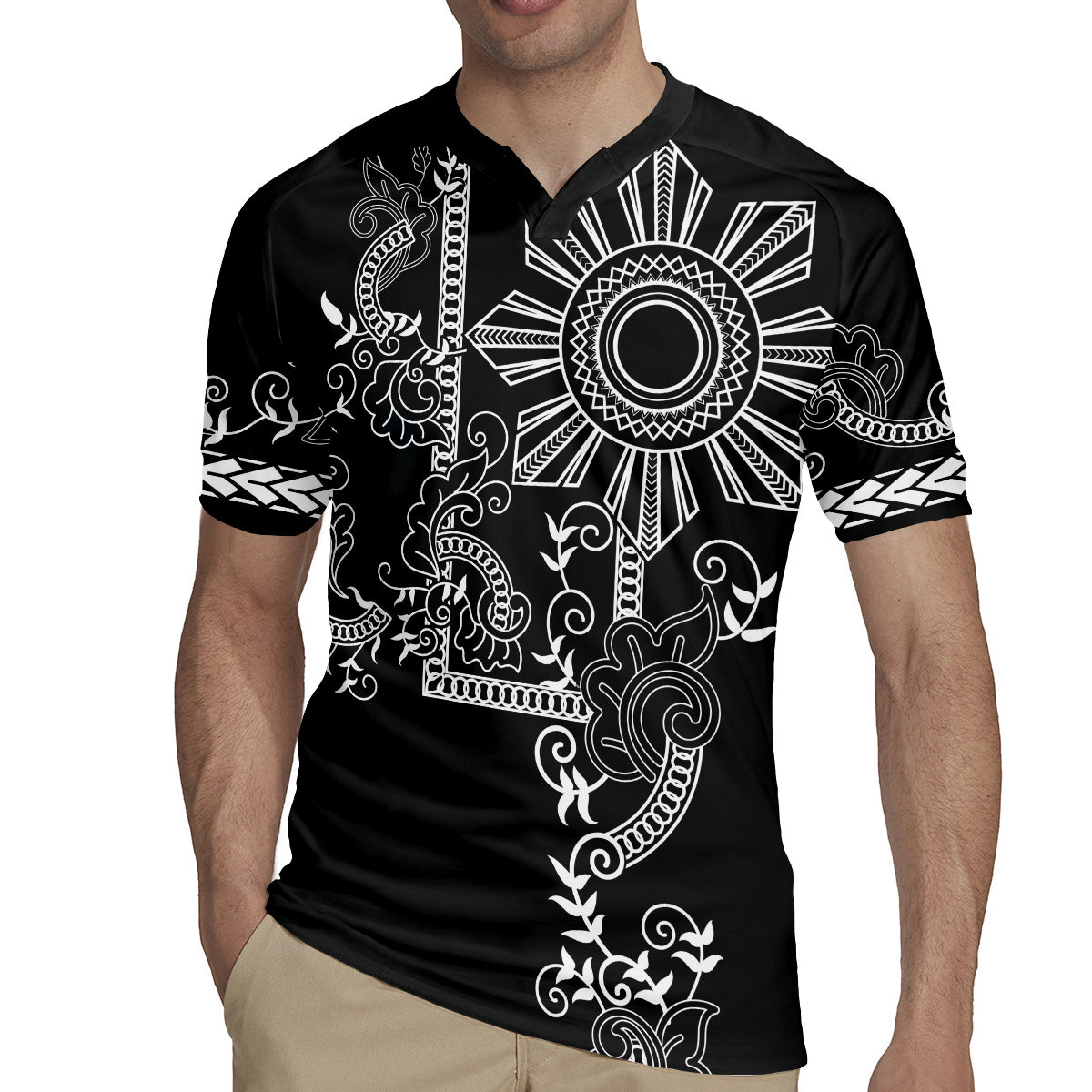 Filipino Sun Tribal Tattoo Rugby Jersey Philippines Inspired Barong Simple Black - Wonder Print Shop