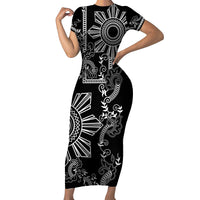 Filipino Sun Tribal Tattoo Short Sleeve Bodycon Dress Philippines Inspired Barong Simple Black - Wonder Print Shop