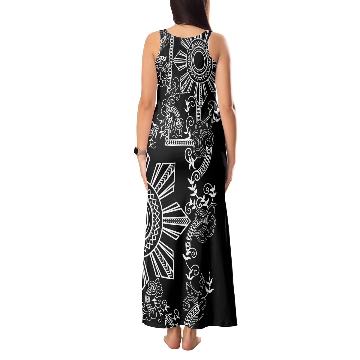 Filipino Sun Tribal Tattoo Tank Maxi Dress Philippines Inspired Barong Simple Black - Wonder Print Shop