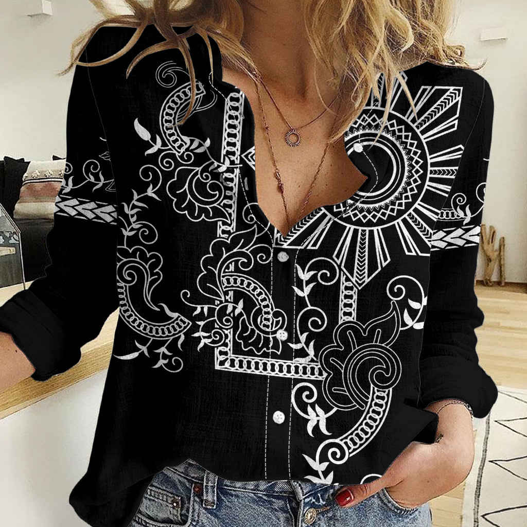 Filipino Sun Tribal Tattoo Women Casual Shirt Philippines Inspired Barong Simple Black - Wonder Print Shop
